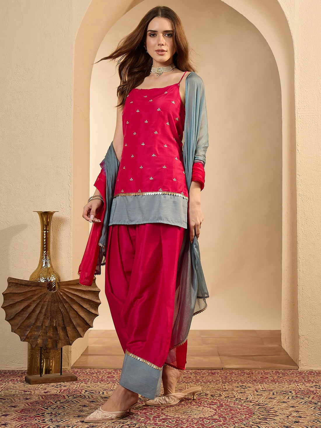 Pink Cotton Silk Embroidered Straight Streepy Kurti Farshi Salwar With Dupatta | Navratri wear
