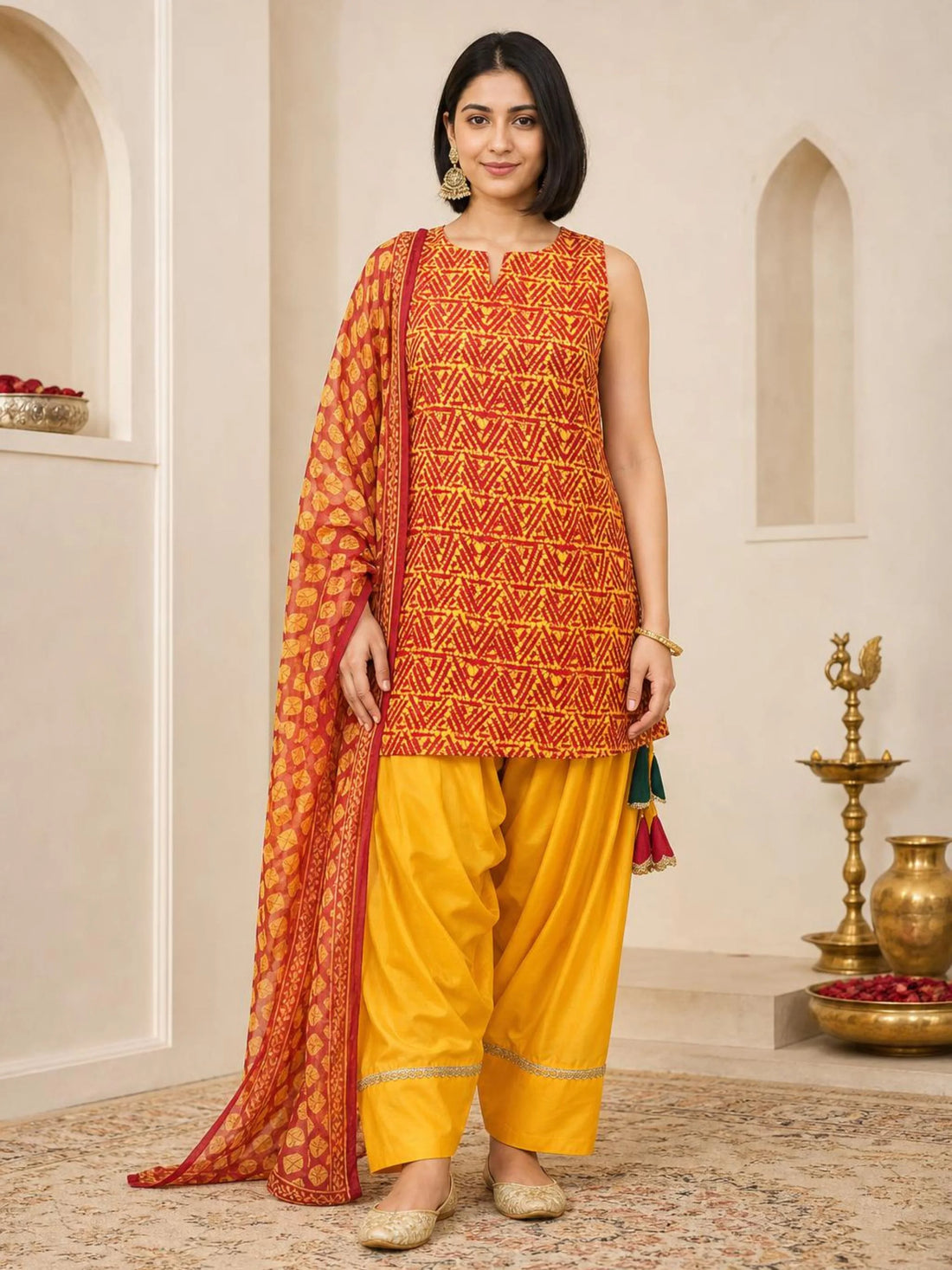 Orange Cotton Blend Geometric Tribal Print Straight Kurti Farshi Salwar Set with Dupatta