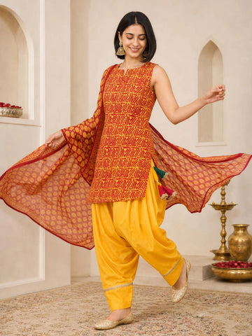 Orange Cotton Blend Geometric Tribal Print Straight Kurti Farshi Salwar Set with Dupatta