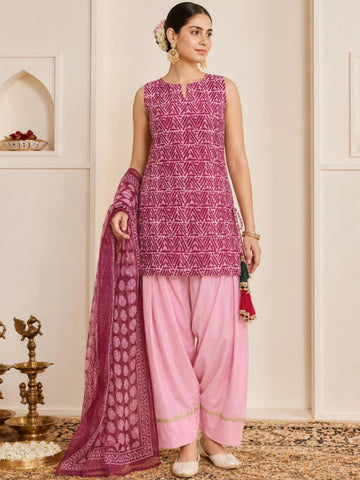 Pink Cotton Blend Geometric Tribal Print Straight Kurti Farshi Salwar Set with Dupatta