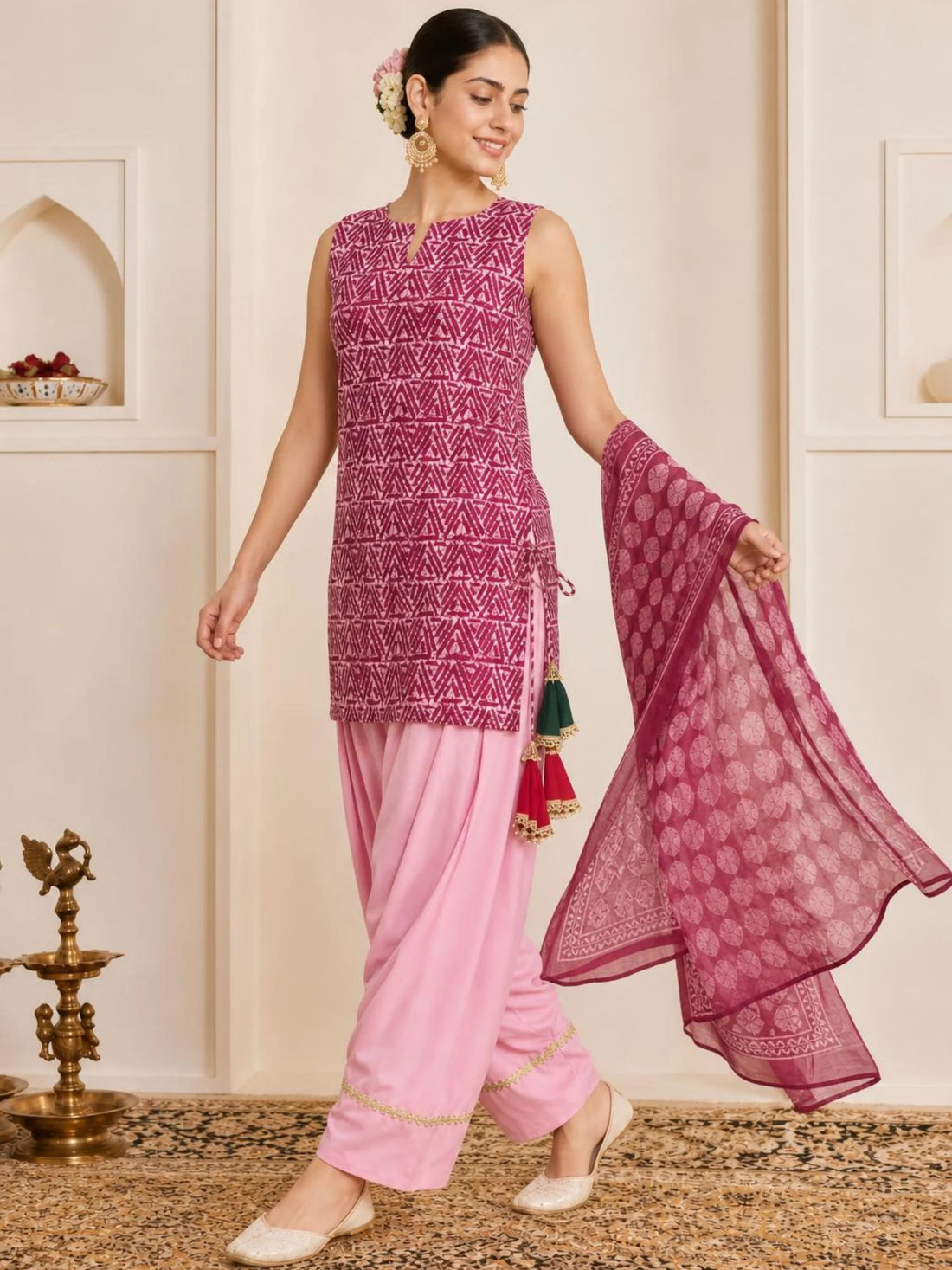 Pink Cotton Blend Geometric Tribal Print Straight Kurti Farshi Salwar Set with Dupatta
