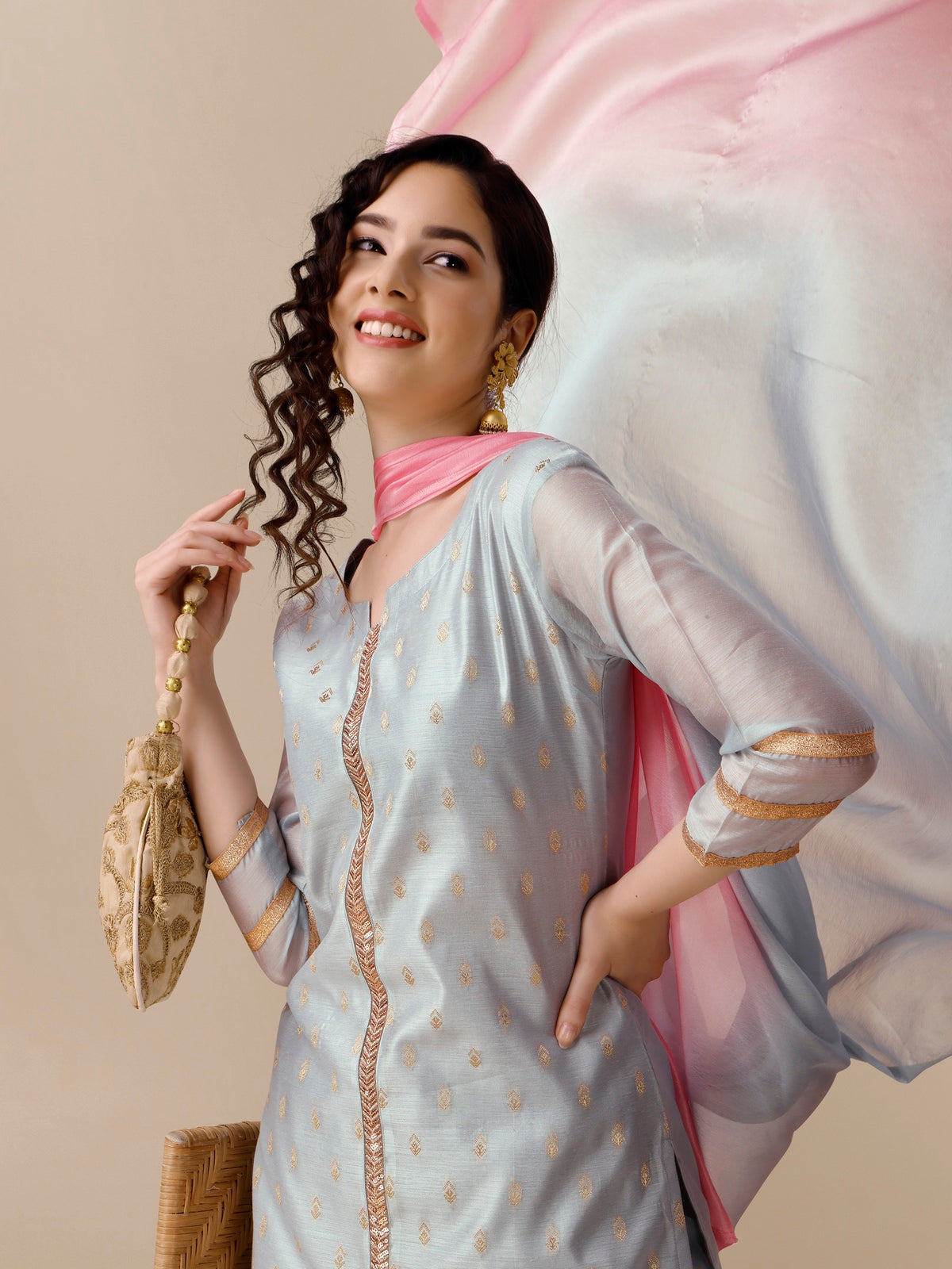 Chanderi Silk Jacquard Straight Kurta Pant & Dupatta Set