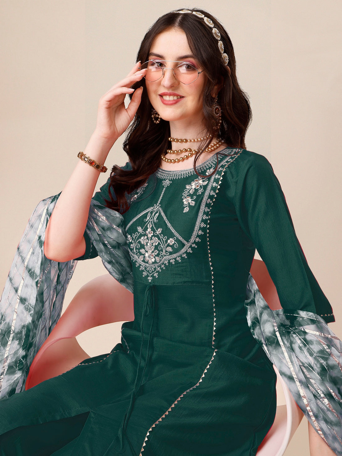 Green Chinon Embroidered A-line Front Slit Kurta Palazzo & Organza Dupatta Set