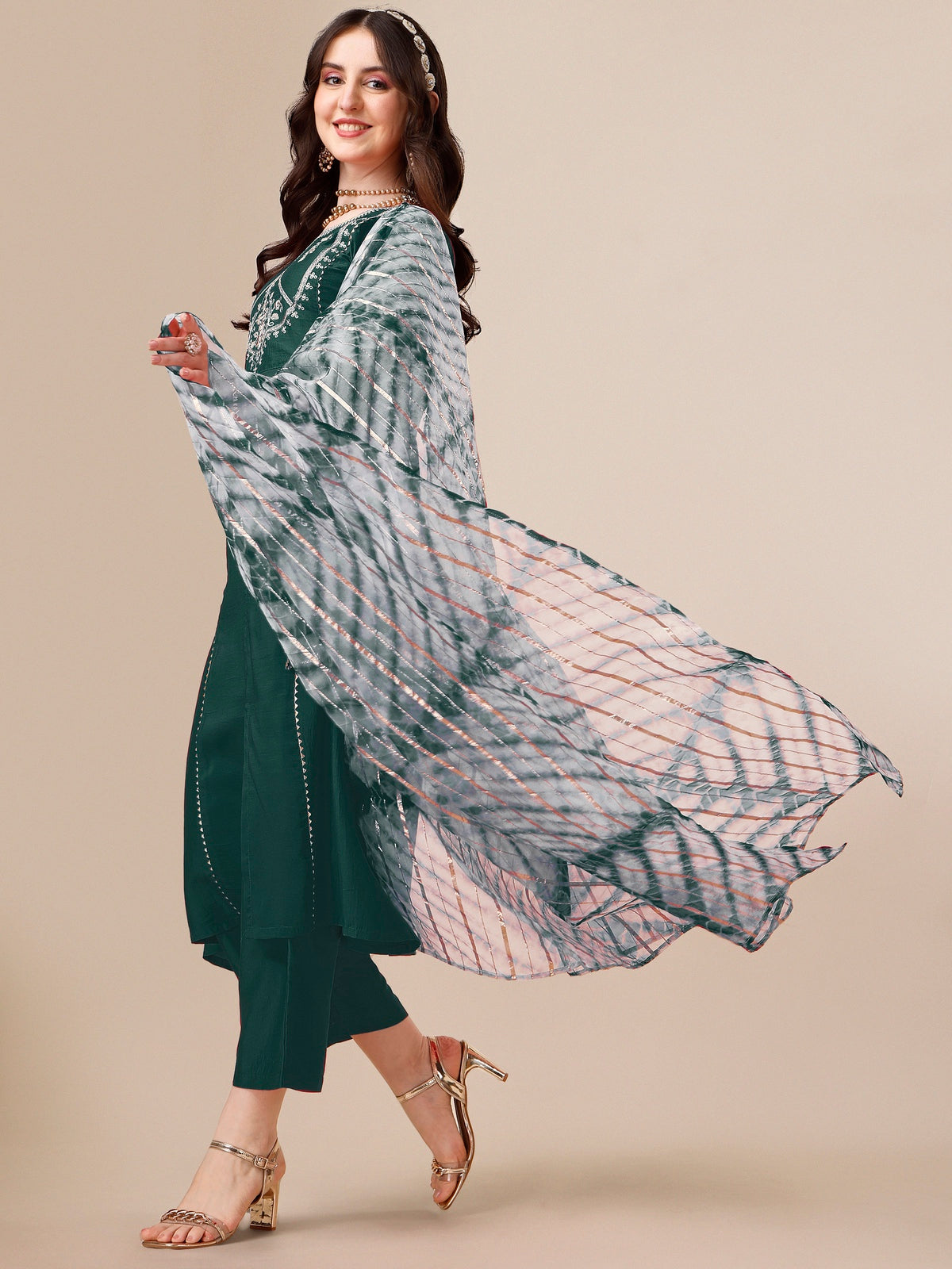 Green Chinon Embroidered A-line Front Slit Kurta Palazzo & Organza Dupatta Set