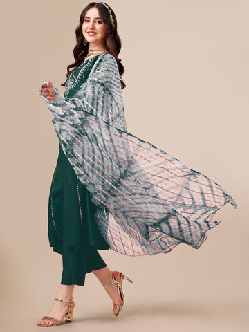 Green Chinon Embroidered A-line Front Slit Kurta Palazzo & Organza Dupatta Set