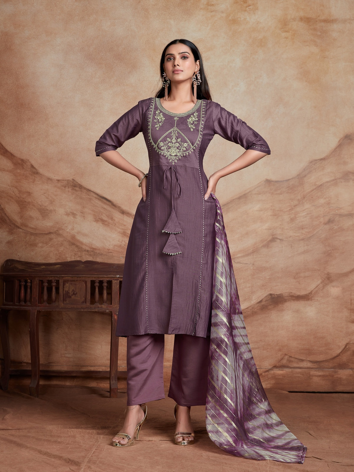 Lavender Chinon Embroidered A-line Front Slit Kurta Palazzo & Organza Dupatta Set