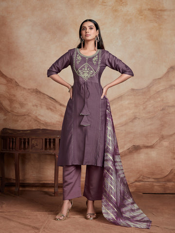 Lavender Chinon Embroidered A-line Front Slit Kurta Palazzo & Organza Dupatta Set