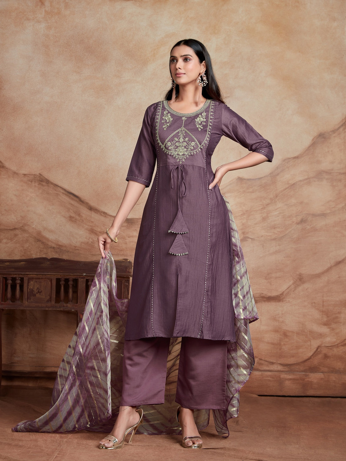 Lavender Chinon Embroidered A-line Front Slit Kurta Palazzo & Organza Dupatta Set