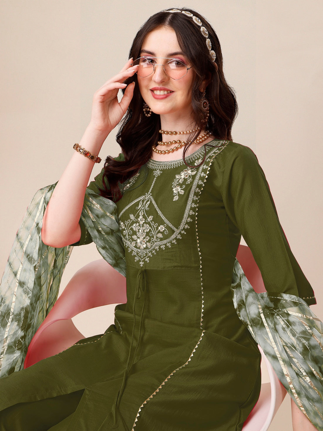 Mehndi Green Chinon Embroidered A-line Front Slit Kurta Palazzo & Organza Dupatta Set