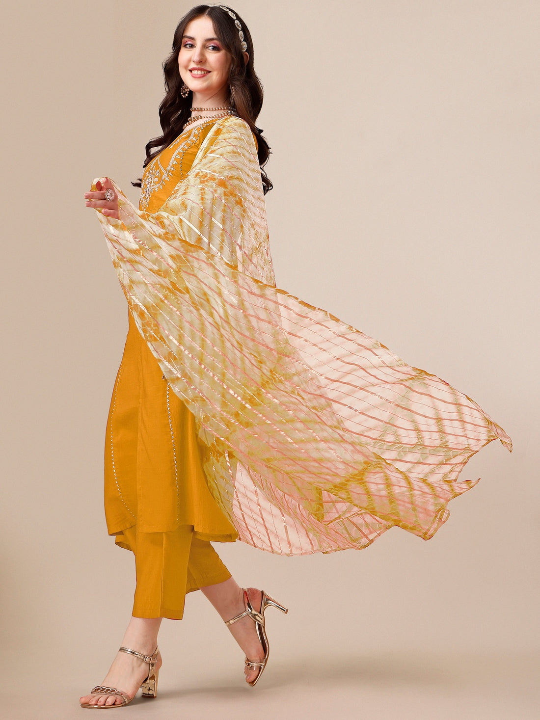 Mustard Chinon Embroidered A-line Front Slit Kurta Palazzo & Organza Dupatta Set