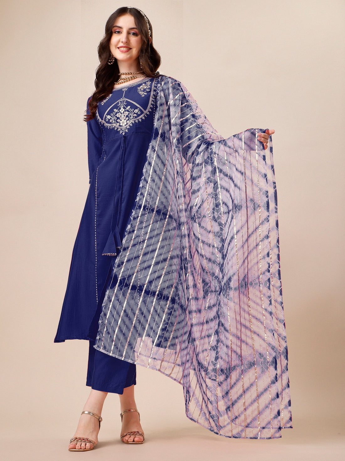 Navy Blue Chinon Embroidered A-line Front Slit Kurta Palazzo & Organza Dupatta Set