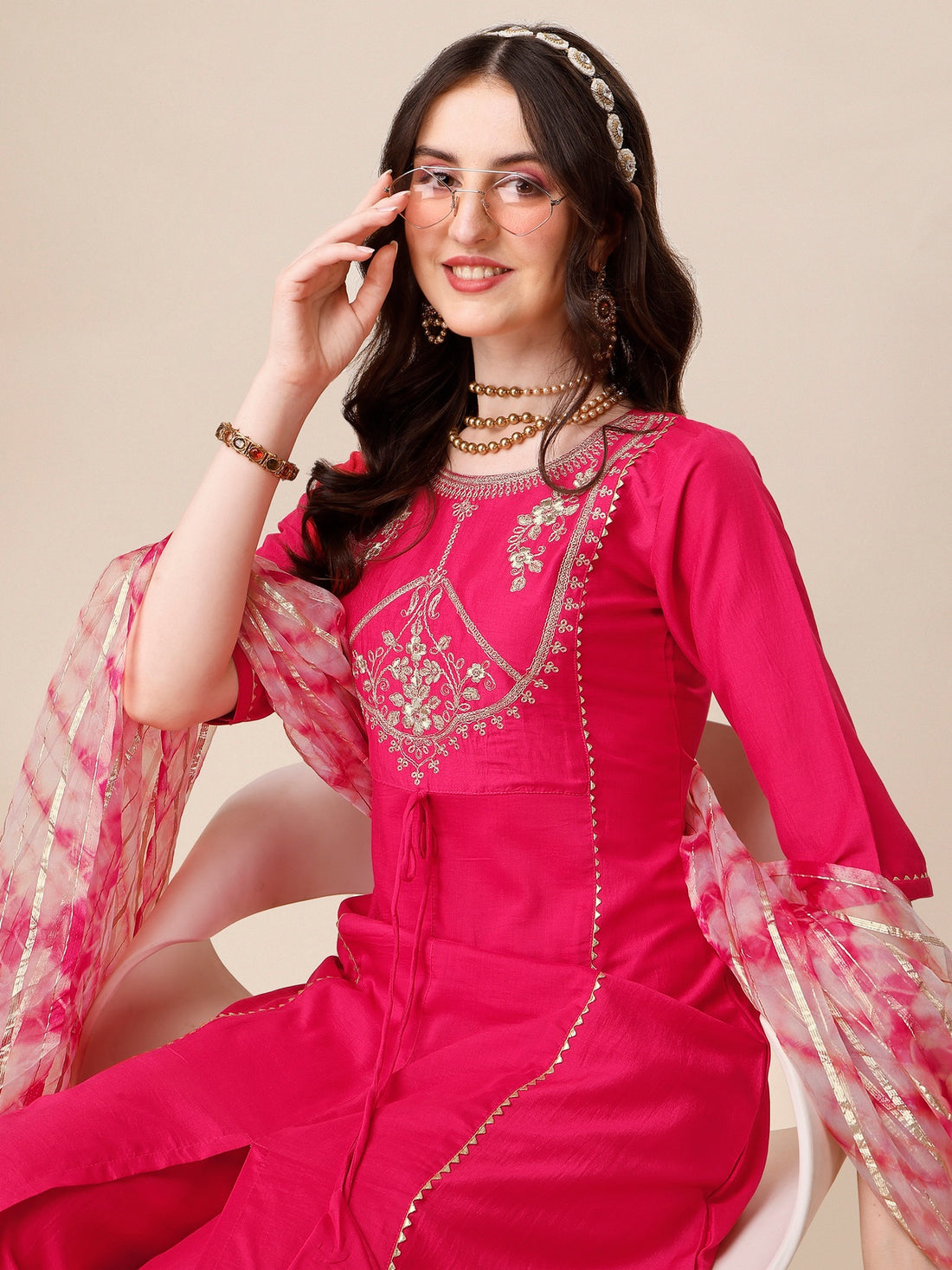 Pink Chinon Embroidered A-line Front Slit Kurta Palazzo & Organza Dupatta Set