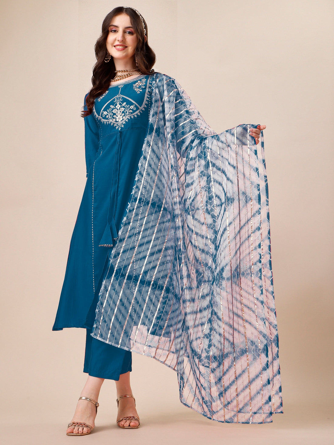 Teal Blue Chinon Embroidered A-line Front Slit Kurta Palazzo & Organza Dupatta Set