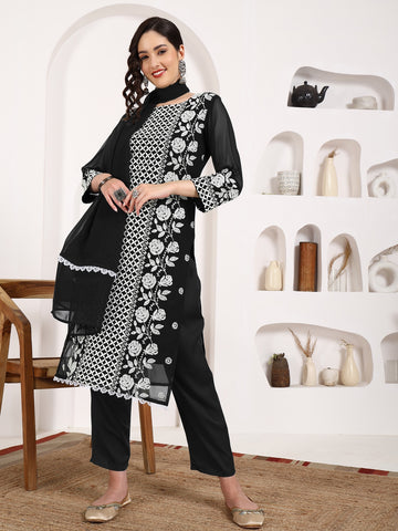 Lucknowi Chikankari Embroidered Georgette Straight Kurta Pant and Dupatta Set