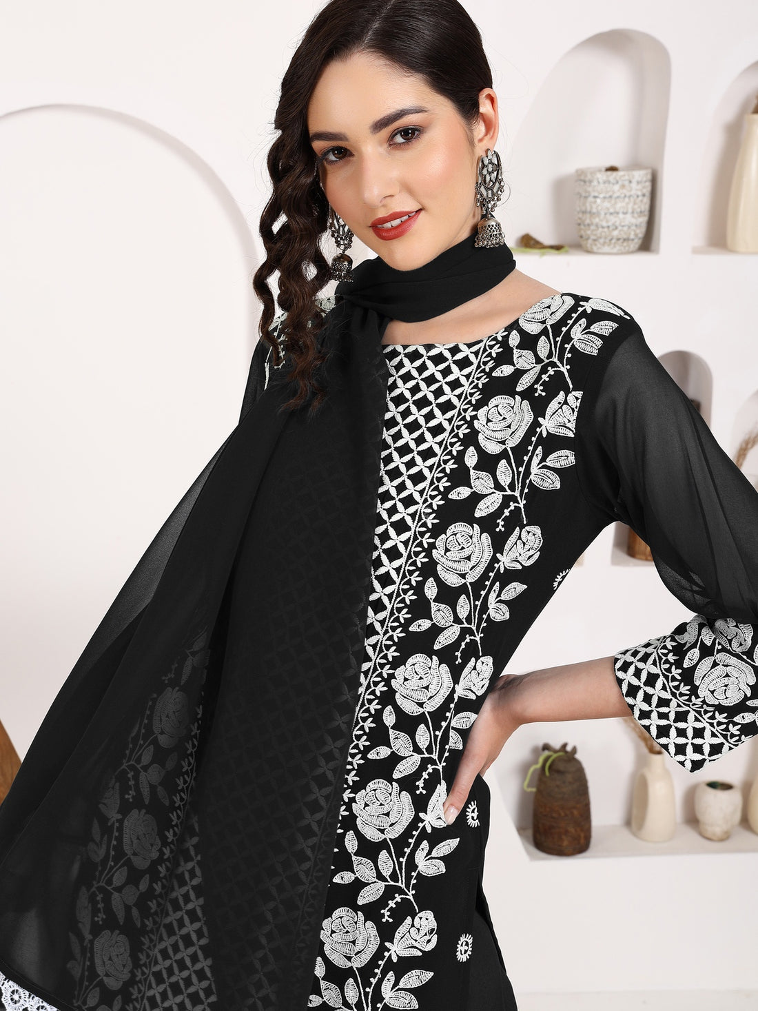 Lucknowi Chikankari Embroidered Georgette Straight Kurta Pant and Dupatta Set