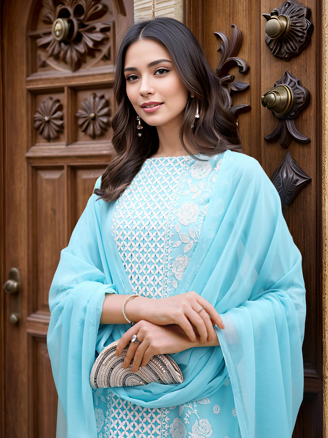 Sky Blue Chikankari Embroidery Georgette Straight Kurta Pant With Dupatta Set
