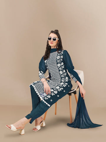Teal Blue Lucknowi Chikankari Embroidered Georgette Straight Kurta Pant and Dupatta Set