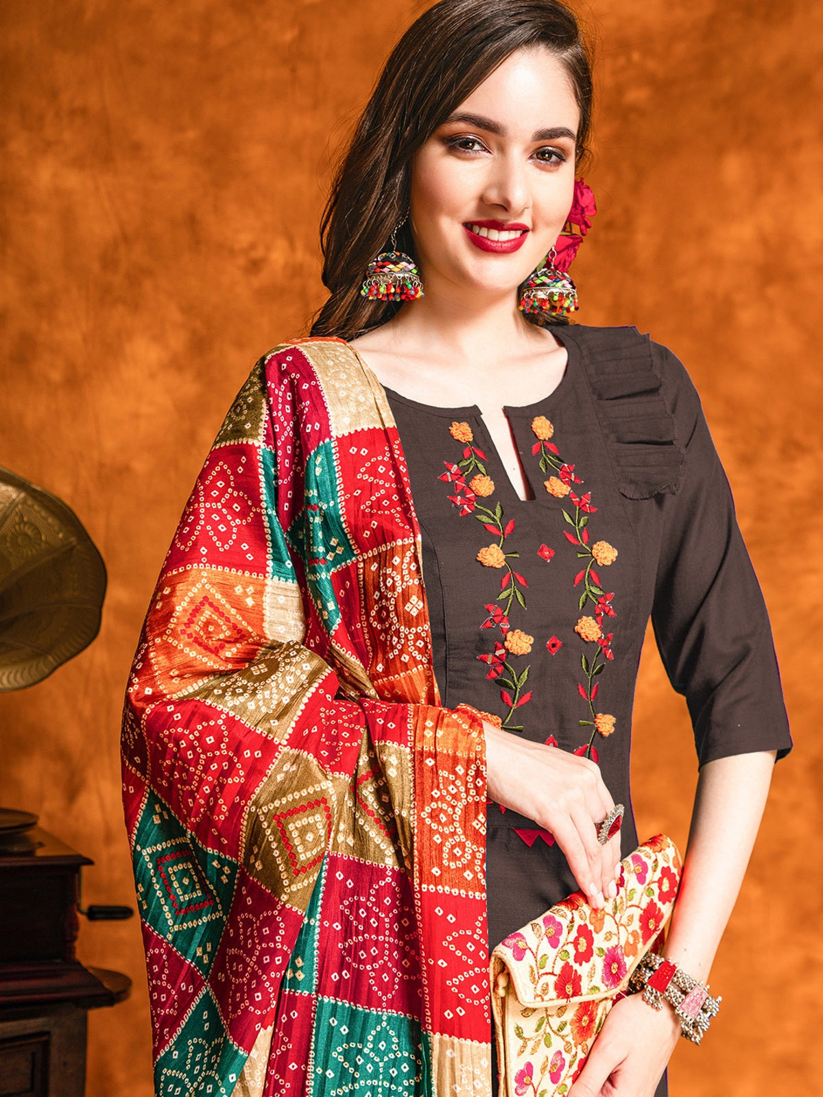 Brown Embroidered and Mirror Work Cotton Straight Kurta Patiala With Bandhani Dupatta Set