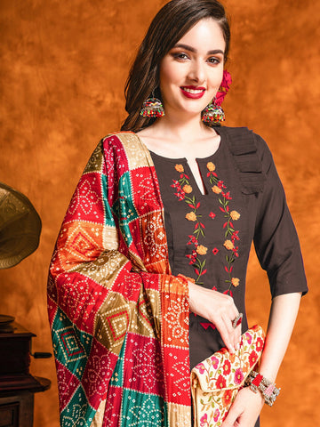 Brown Embroidered and Mirror Work Cotton Straight Kurta Patiala With Bandhani Dupatta Set