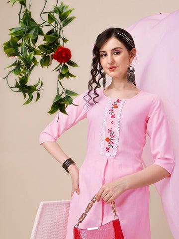 Cotton Blend Embroidered Kurta Pant with Chiffon Dupatta