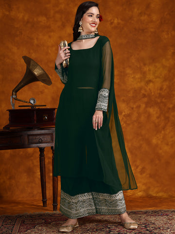 Green Georgette Lace Work Kurta Palazzo with Dupatta Set