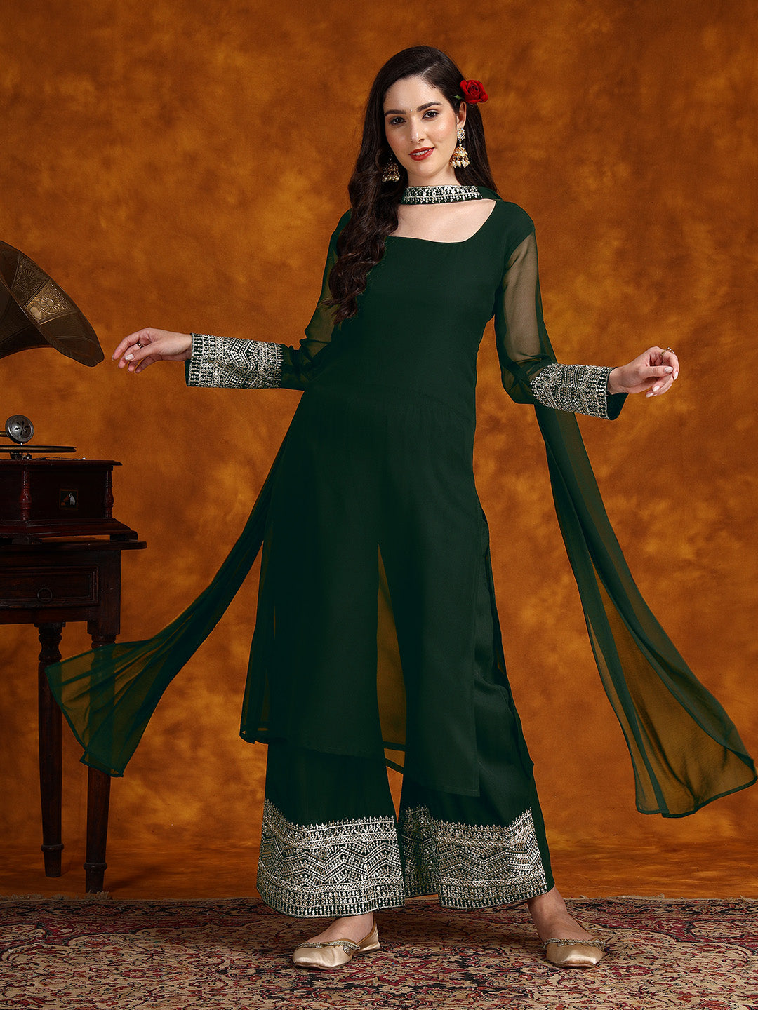 Green Georgette Lace Work Kurta Palazzo with Dupatta Set
