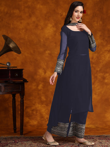 Navy Blue Georgette Lace Work Kurta Palazzo With Dupatta Set