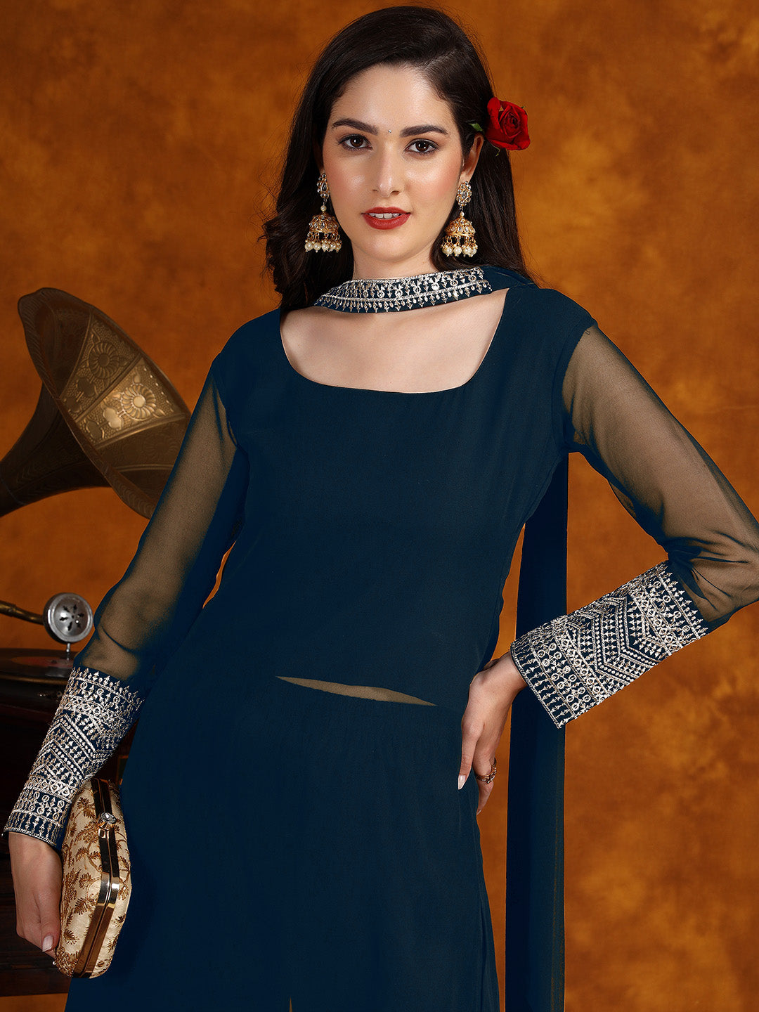 Teal Blue Georgette Lace Work Kurta Palazzo With Dupatta Set