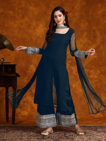 Teal Blue Georgette Lace Work Kurta Palazzo With Dupatta Set
