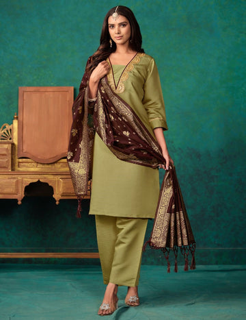 Silk Blend Straight Embroidered Kurta Palazzo Set With Banarasi Dupatta