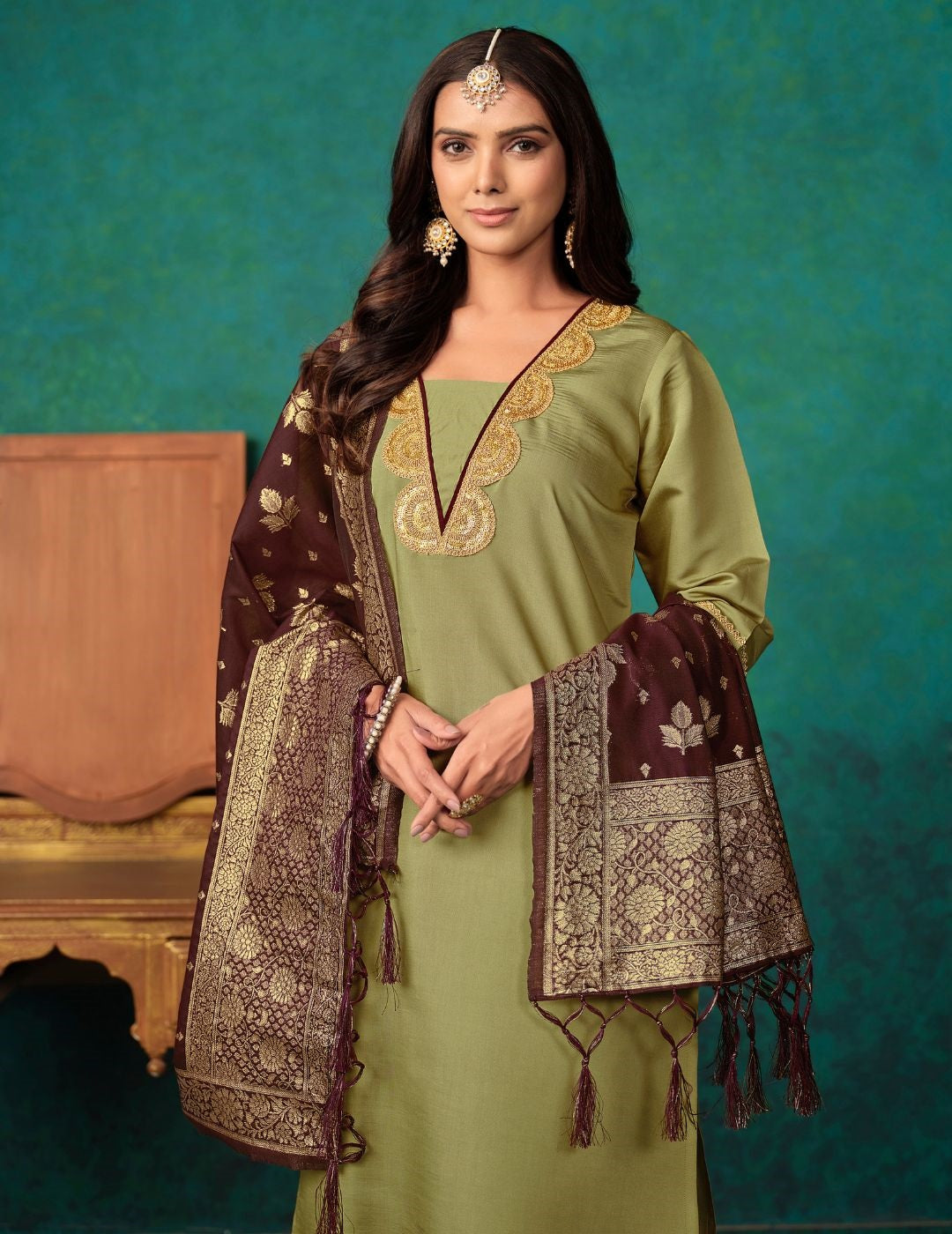 Silk Blend Straight Embroidered Kurta Palazzo Set With Banarasi Dupatta