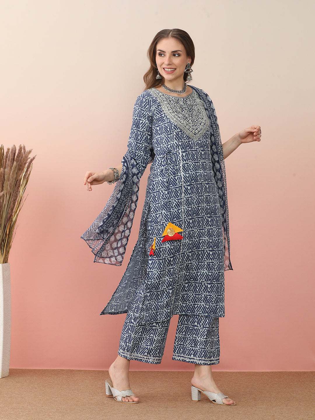 Cotton Blend Geometric Print and Embroidered Work Kurta Palazzo and Dupatta Set