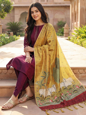 Cherry Cotton Blend Straight Kurta Pant With Digital Print Dupatta Set