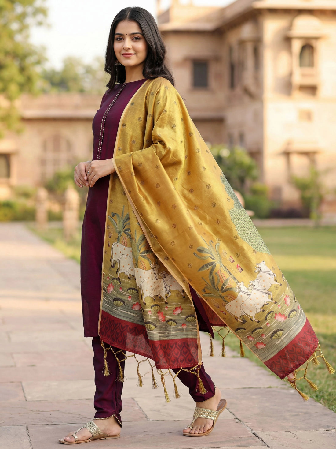 Cherry Cotton Blend Straight Kurta Pant With Digital Print Dupatta Set