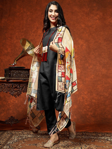 Cotton Blend Kurta with Attached Neck Piece Pant and Digital Print Dupatta