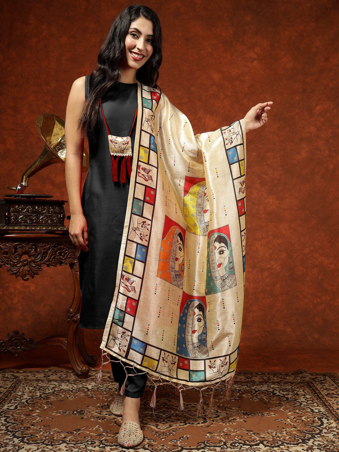 Cotton Blend Kurta with Attached Neck Piece Pant and Digital Print Dupatta