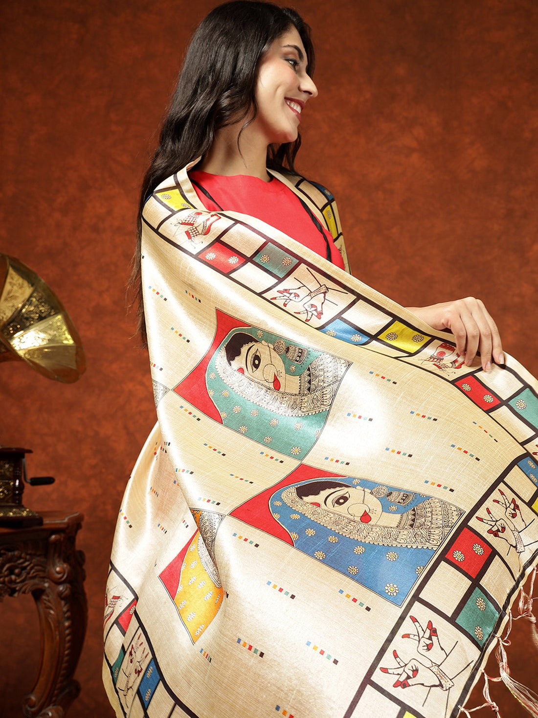 Red Cotton Blend Kurta with Attached Neck Piece Pant and Digital Print Dupatta