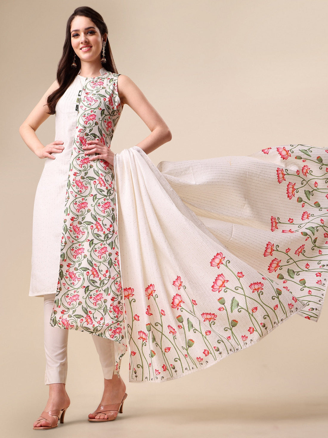 Digital Floral Print Striped Sequence Work Angarkha Kurta Pant with Digital Floral Dupatta