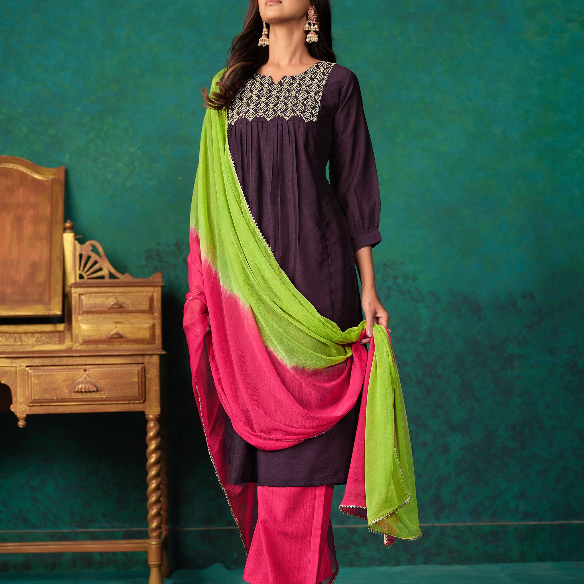 Cotton Blend Embroidered Kurta Palazzo and Dupatta Set