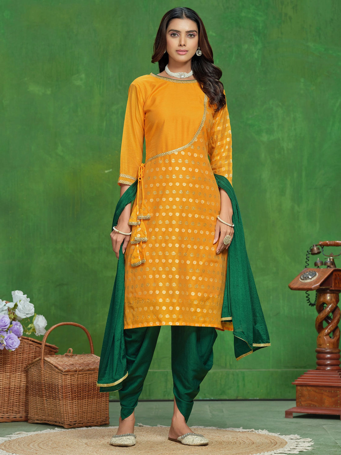 Yellow Silk Blend Embroidered Straight Kurta with Dhoti Pant With Dupatta