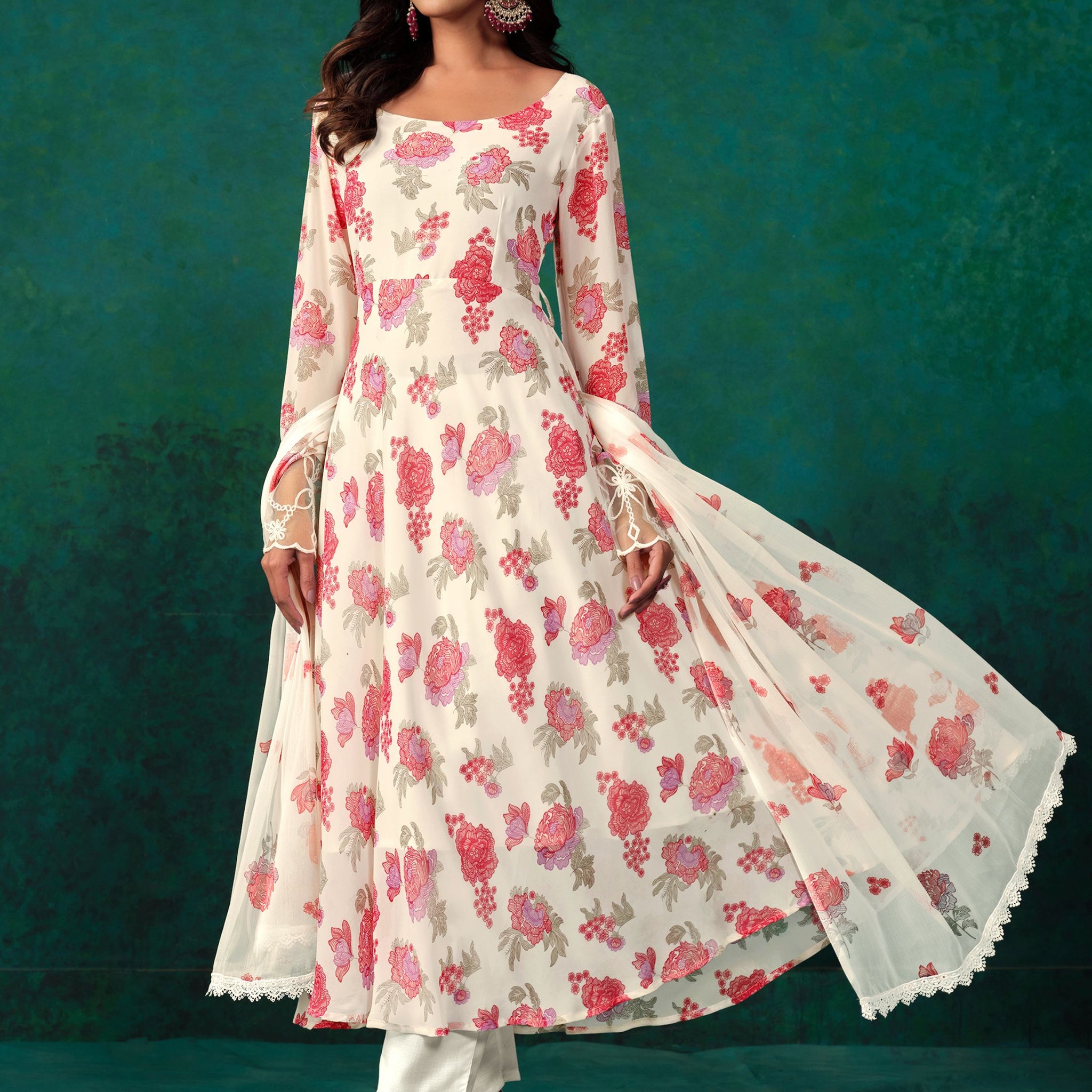 Youthnic Women's Georgette Floral Print Anarkali Kurta Pant With Dupatta Set
