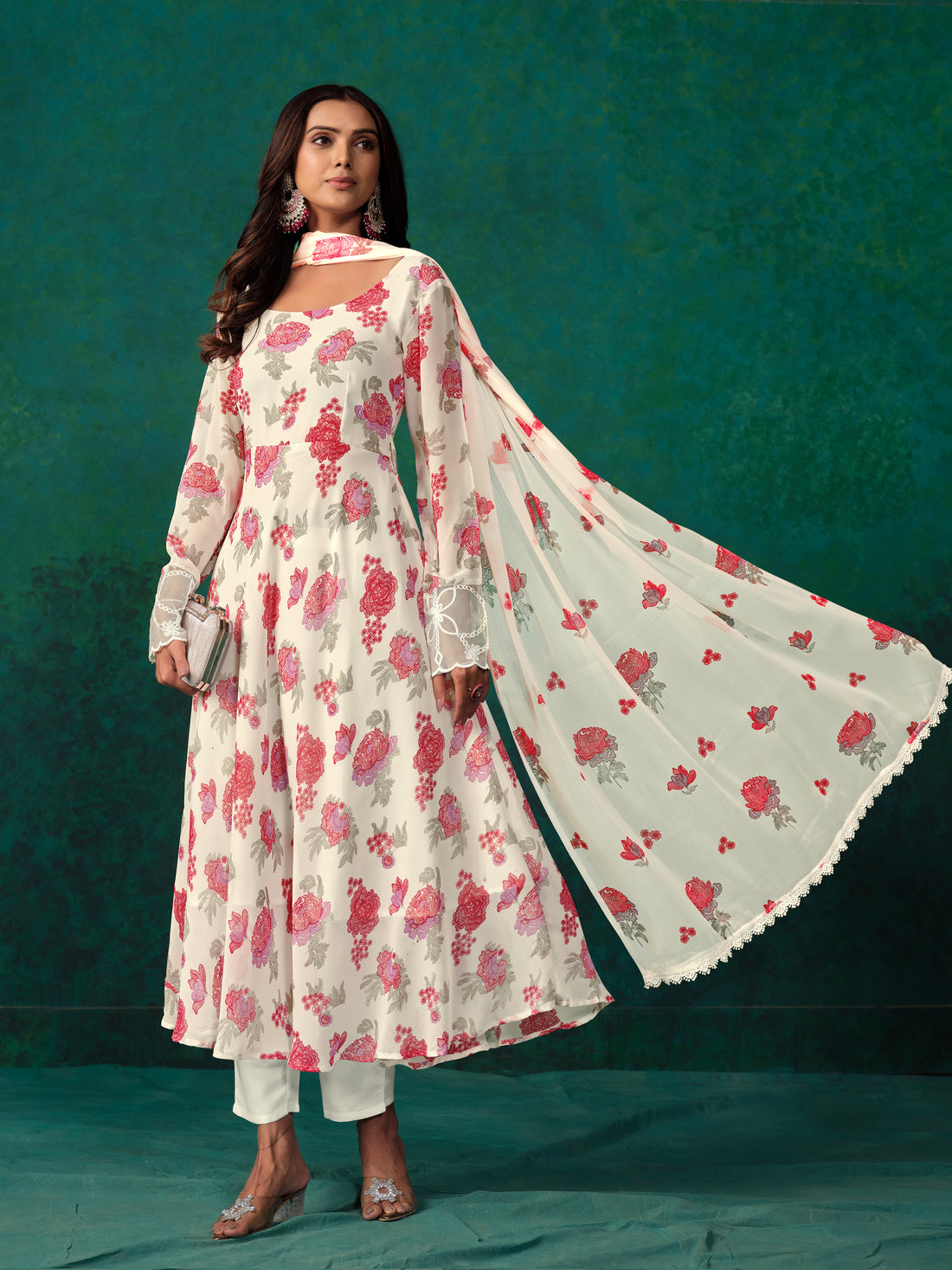 White Georgette Floral Print Anarkali Kurta Pant With Dupatta Set