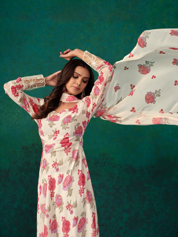 White Georgette Floral Print Anarkali Kurta Pant With Dupatta Set