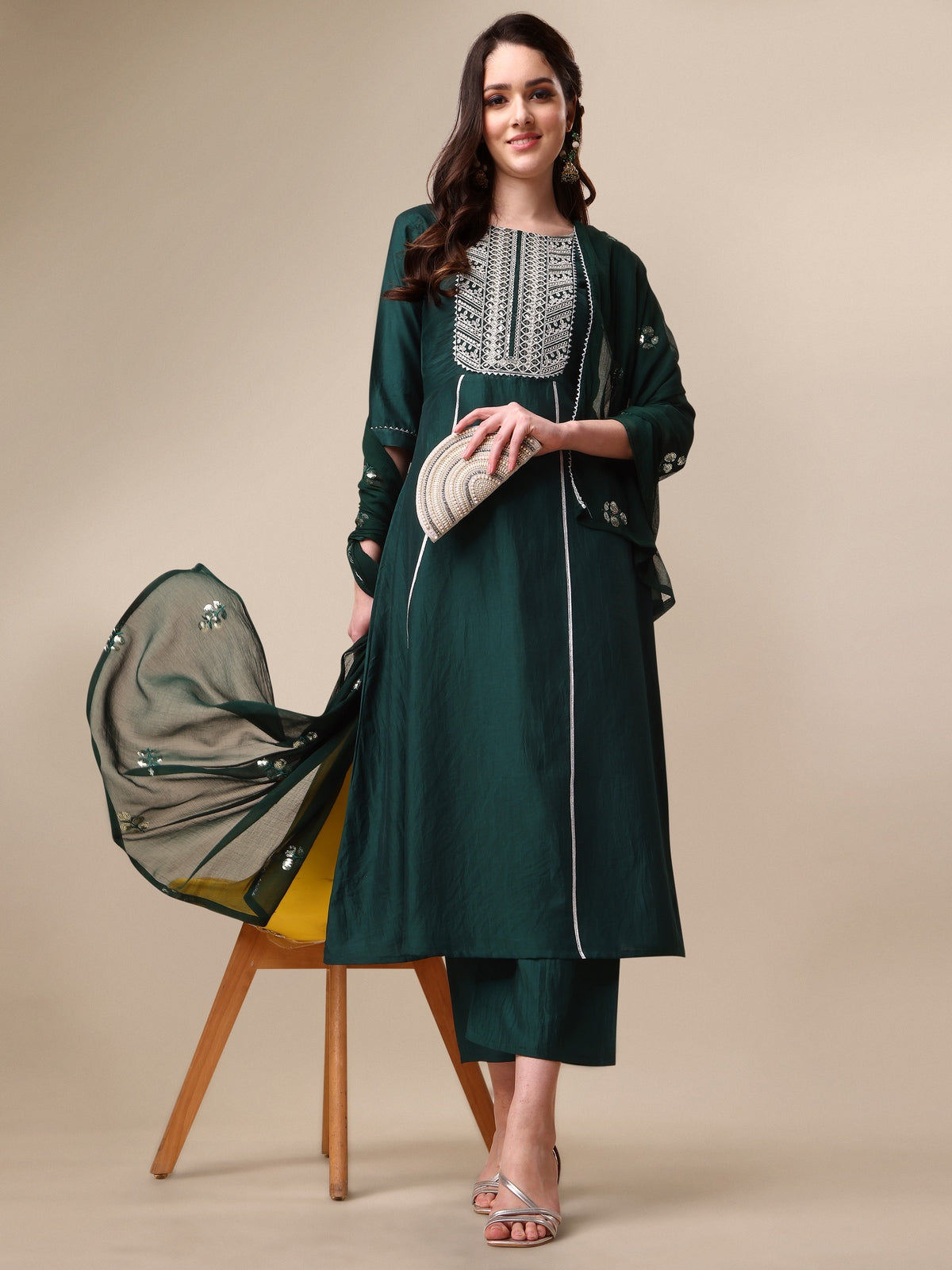 Bottle Green Embroidered Yoke Design Chinon A-Line Kurta Pant with Sequence Dupatta Set