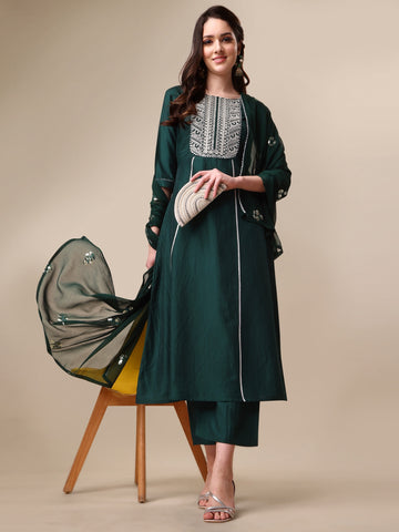 Bottle Green Embroidered Yoke Design Chinon A-Line Kurta Pant with Sequence Dupatta Set