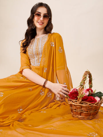 Mustard Embroidered Yoke Design Chinon A-Line Kurta Pant with Sequence Dupatta Set