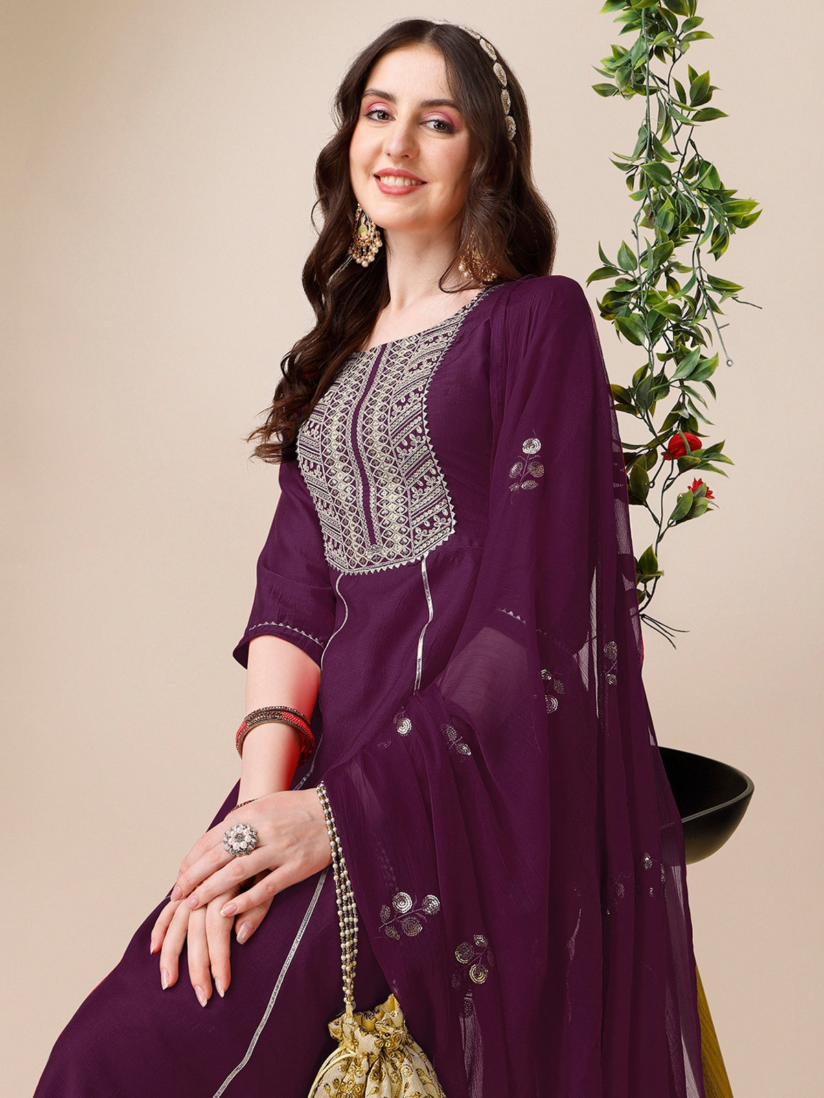 Wine Embroidered Yoke Design Chinon A-Line Kurta Pant with Sequence Dupatta Set