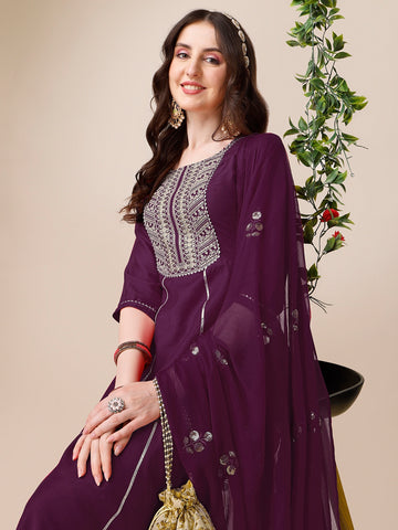 Wine Embroidered Yoke Design Chinon A-Line Kurta Pant with Sequence Dupatta Set