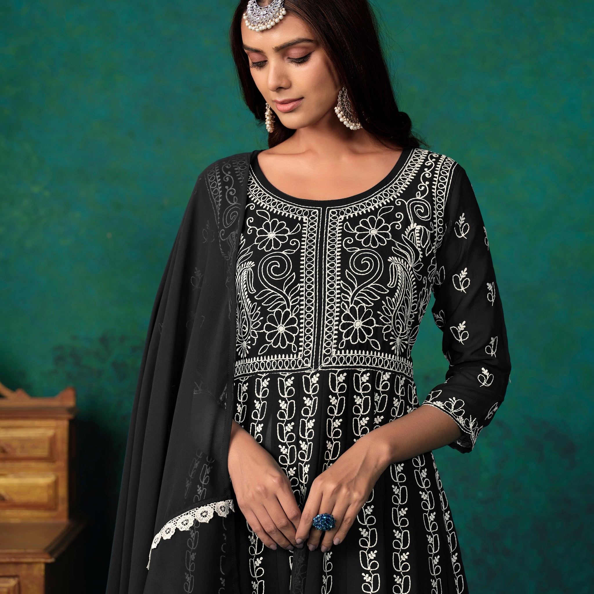 Georgette Chikankari Embroidery Anarkali Kurta Pant With Dupatta Set