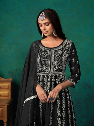 Georgette Chikankari Embroidery Anarkali Kurta Pant With Dupatta Set